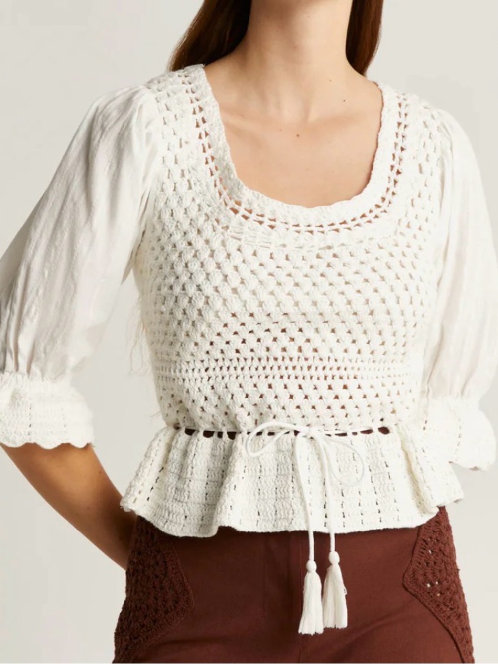 100% Cotton White Crochet Boho Peplum Tie-Waist Blouse size medium